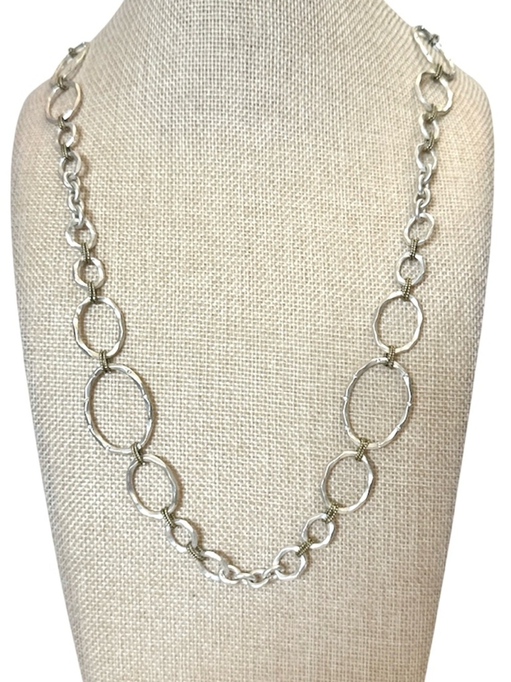 Silver Tone Link Necklace Rhinestone Oval Chain Long Statement Modern